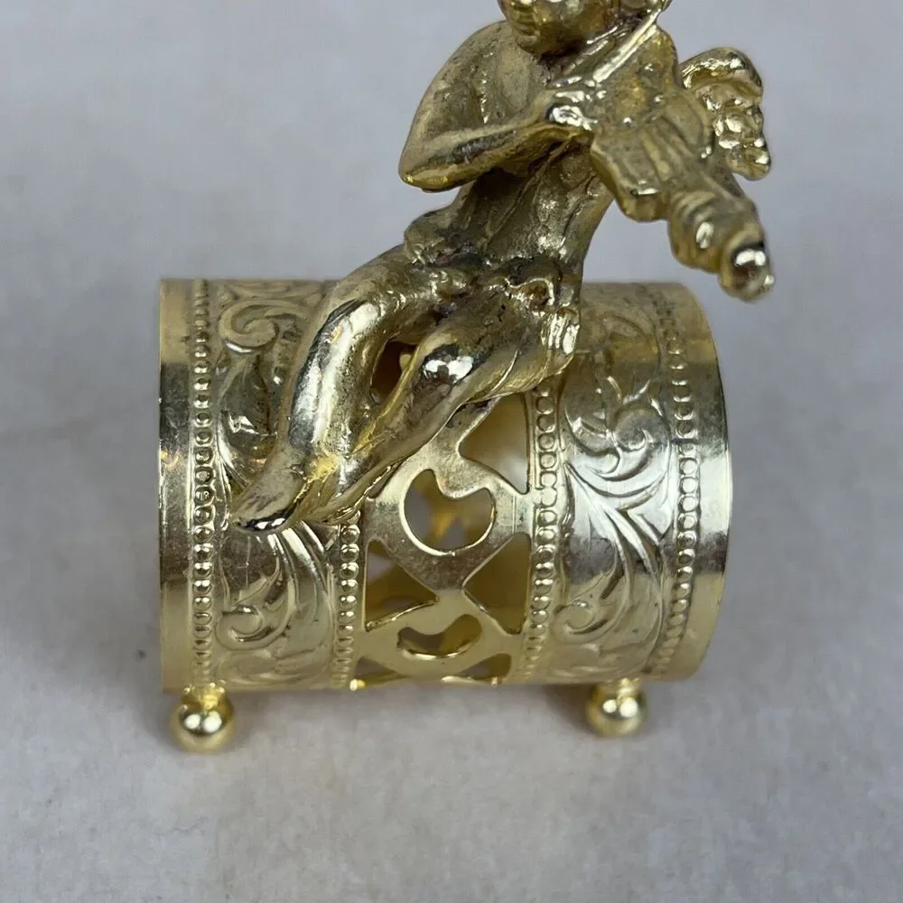 VTG 8pc Gold Tone‎ Metal Angel Playing Violin Filigree Napkin Ring Holder Signed